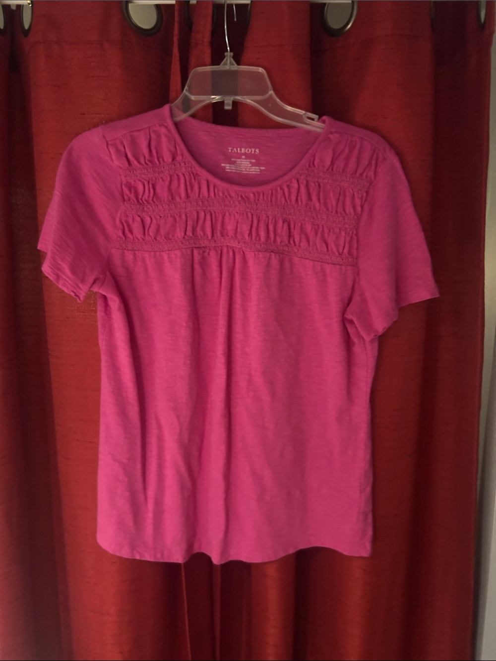 Talbots Hot Pink Short-Sleeve Smocked Yoke Tee